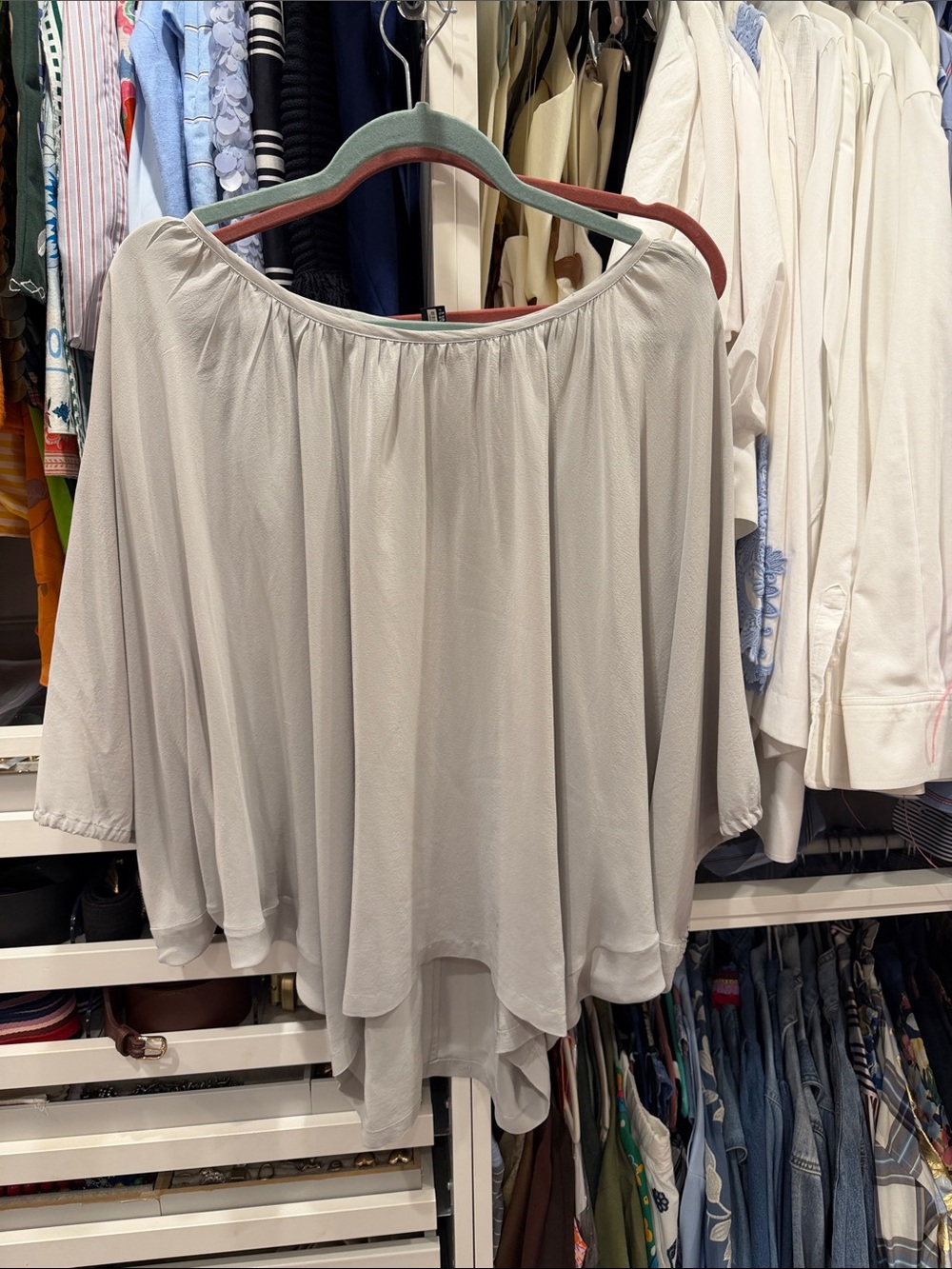 Light Gray Flowing Bat Wing Silk Blouse